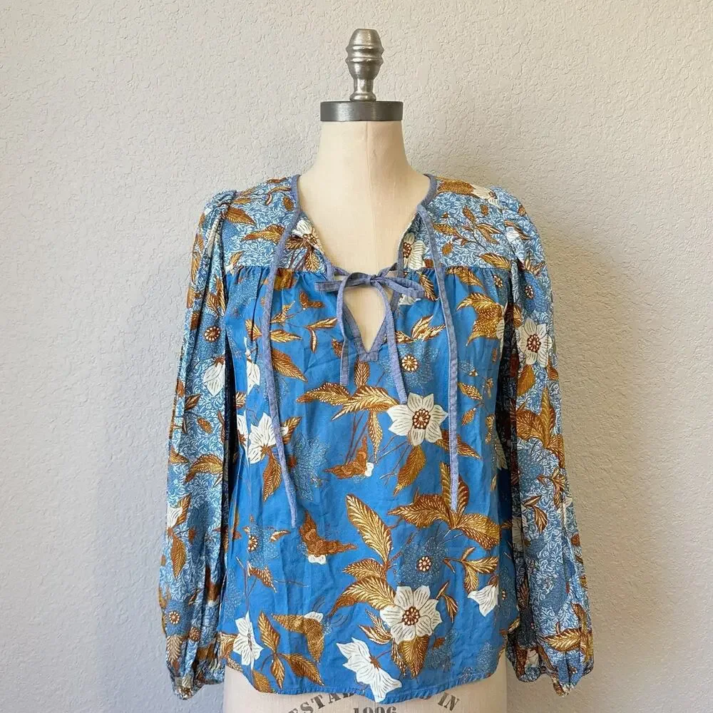 ULLA JOHNSON Joanie Blouse Lapis Blue Floral Puff Long Sleeve Boho